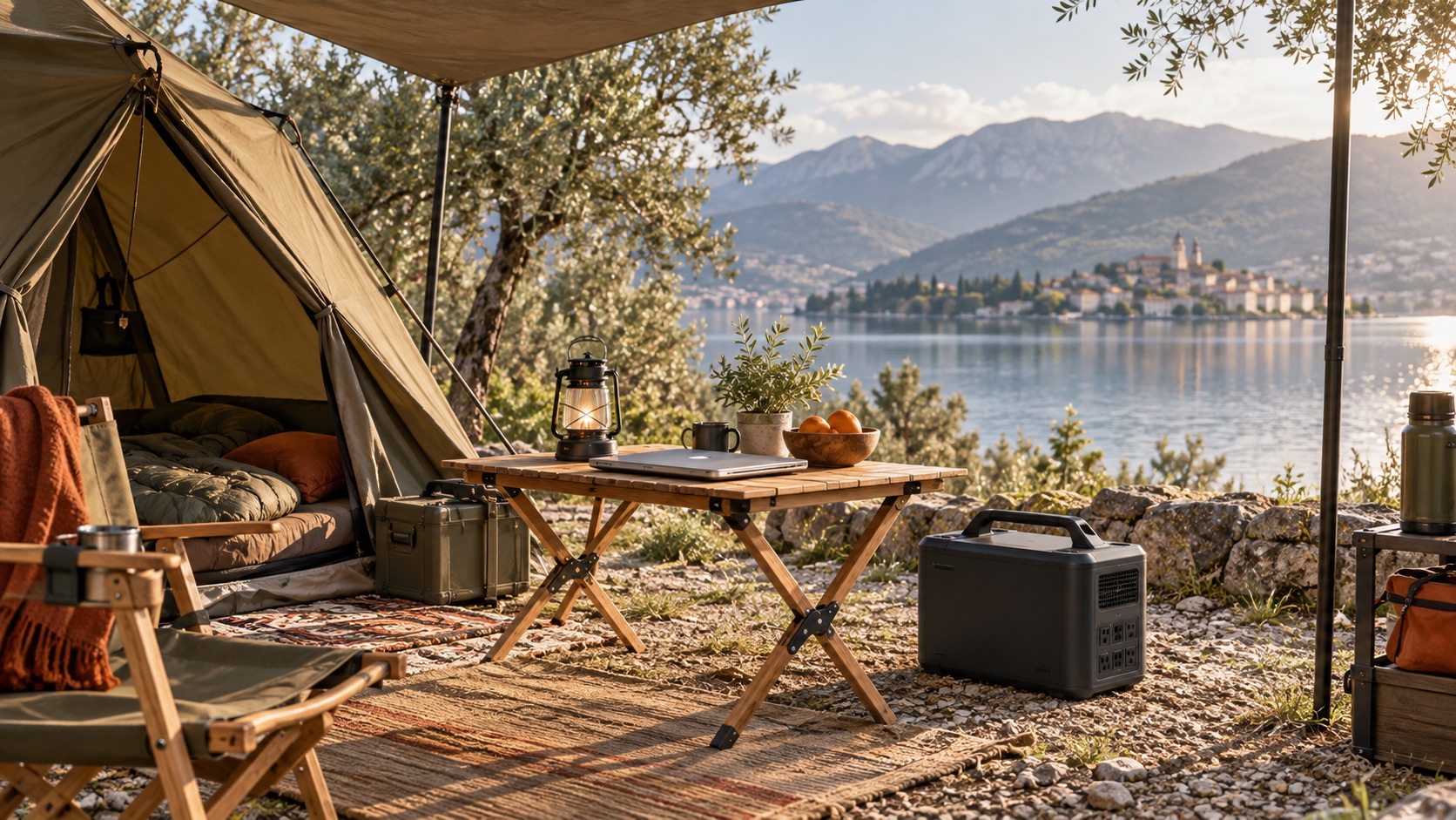 Lakeside camping scene with a generic power station