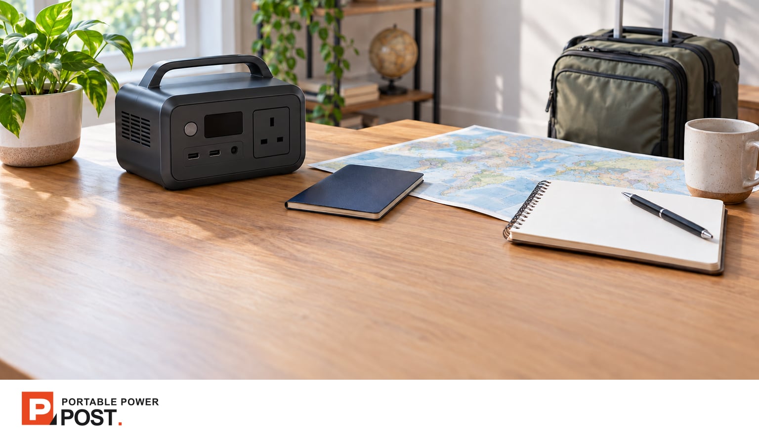 AI illustration of a generic UK-socket portable power station on a desk with travel planning materials; Portable Power Post logo in the footer.