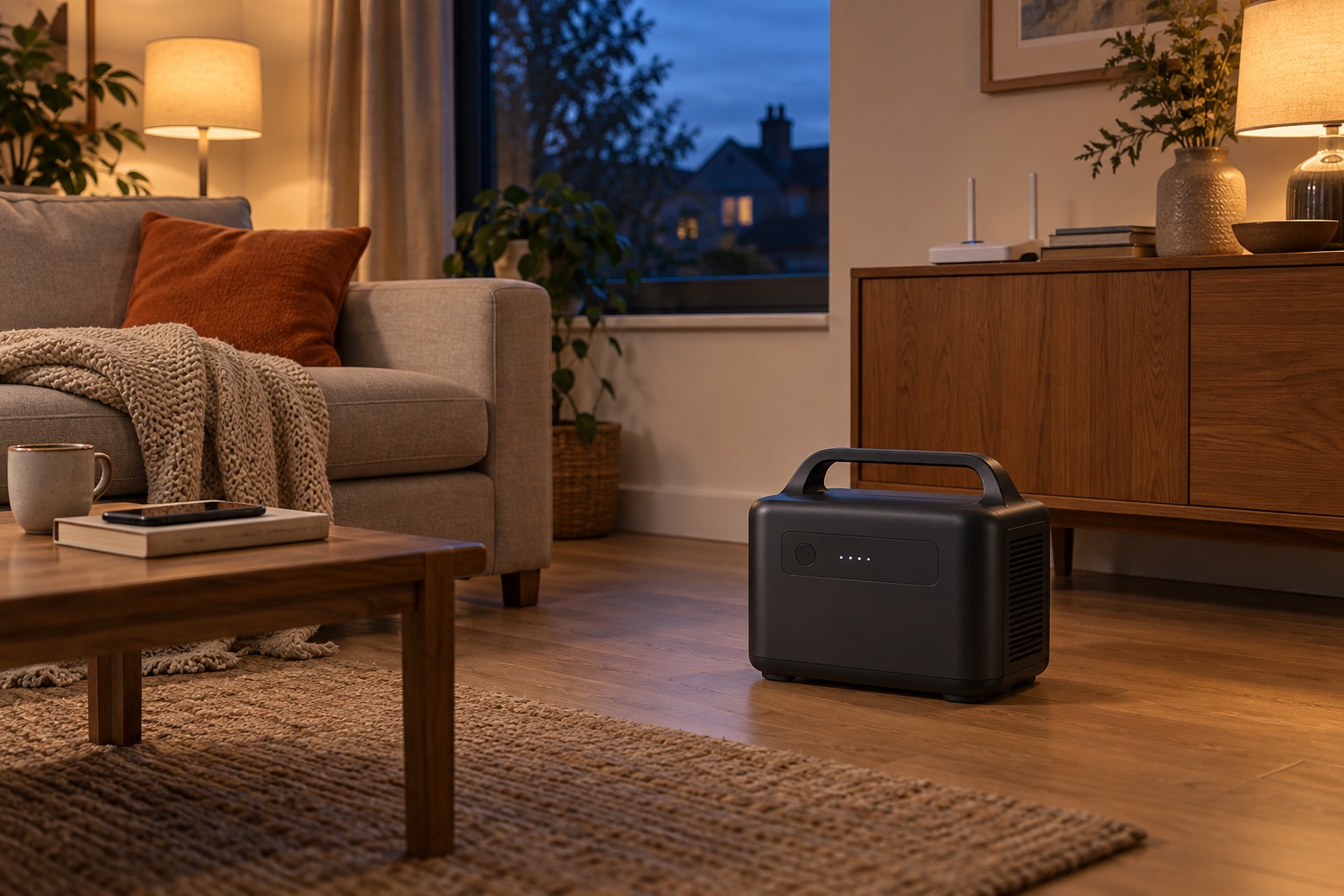 Generic power station in a living room with a lamp and router