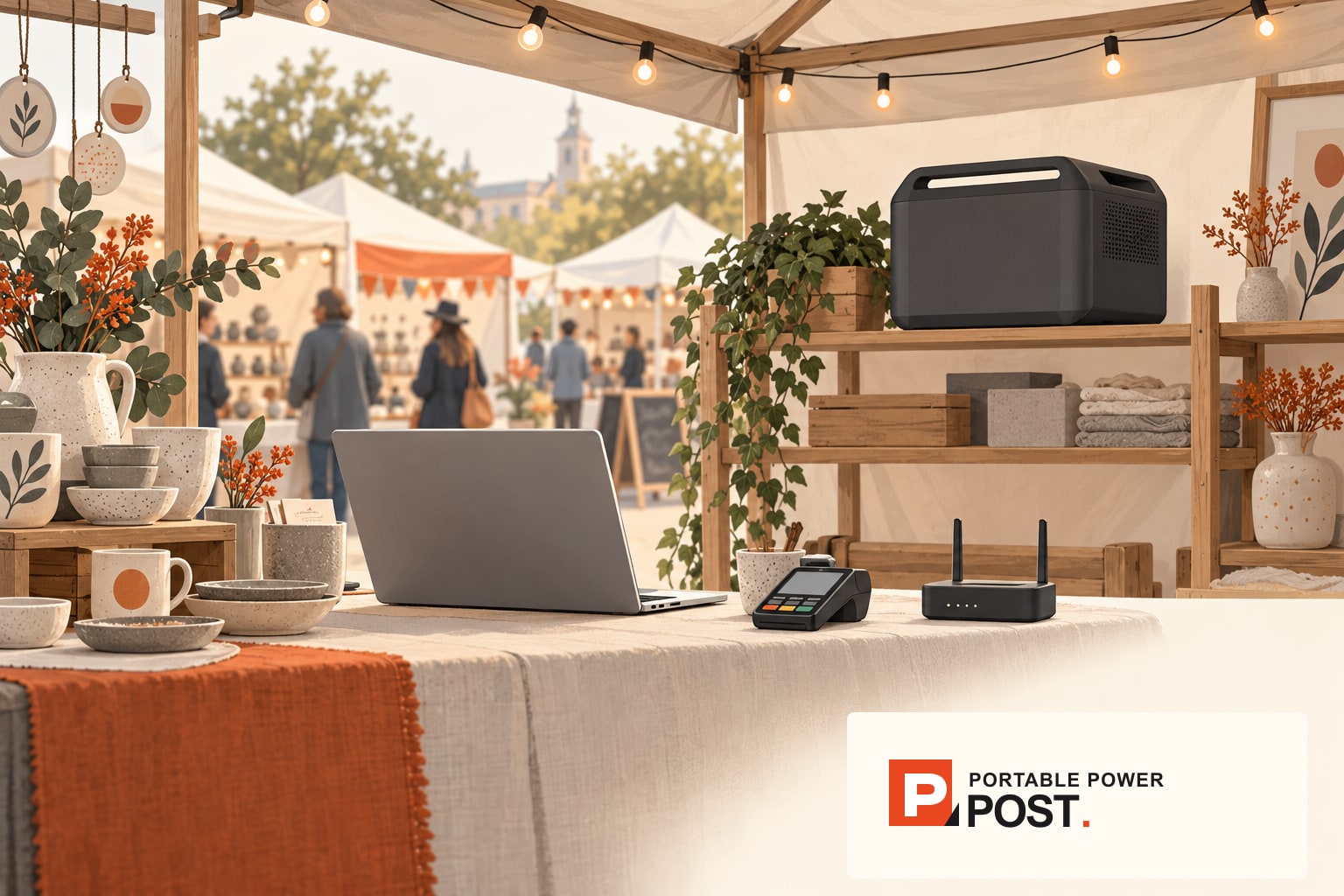 Illustrated sheltered market stall with lights, laptop, card terminal, router and a generic power station; Portable Power Post logo in the bottom-right corner.