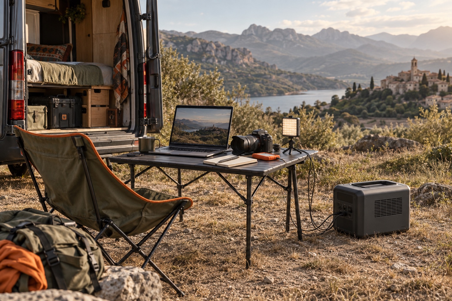 Camera, laptop and lighting at a campervan workspace with a generic power station
