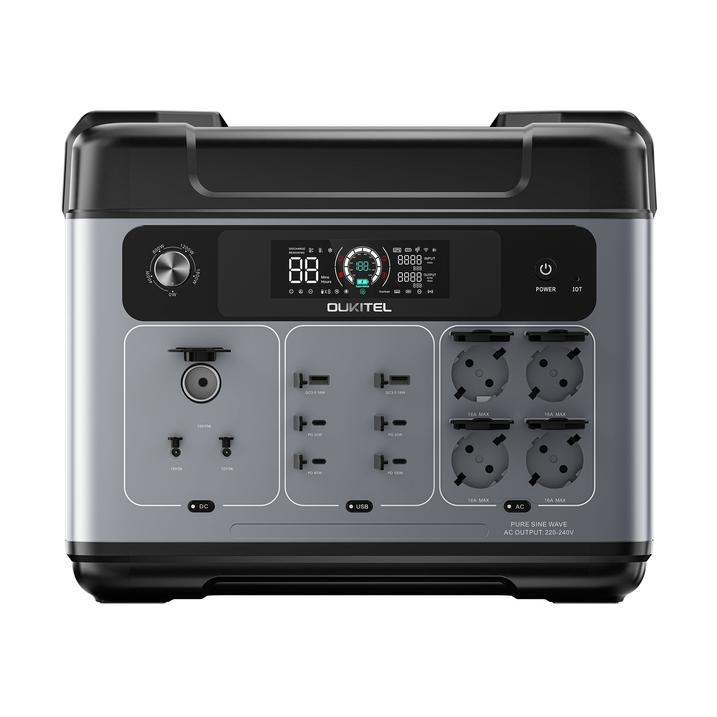 OUKITEL P2001 Plus portable power station, manufacturer product photo showing the case and front controls.