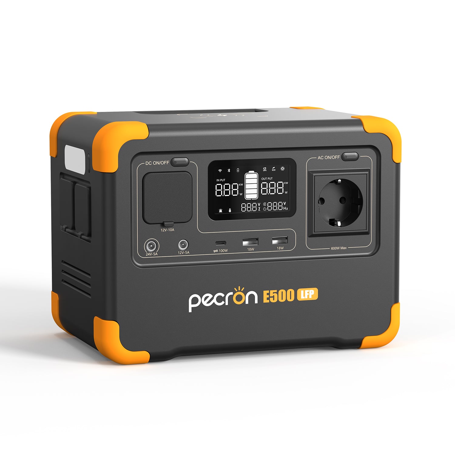PECRON E500LFP portable power station, manufacturer product photo showing the case and front controls.
