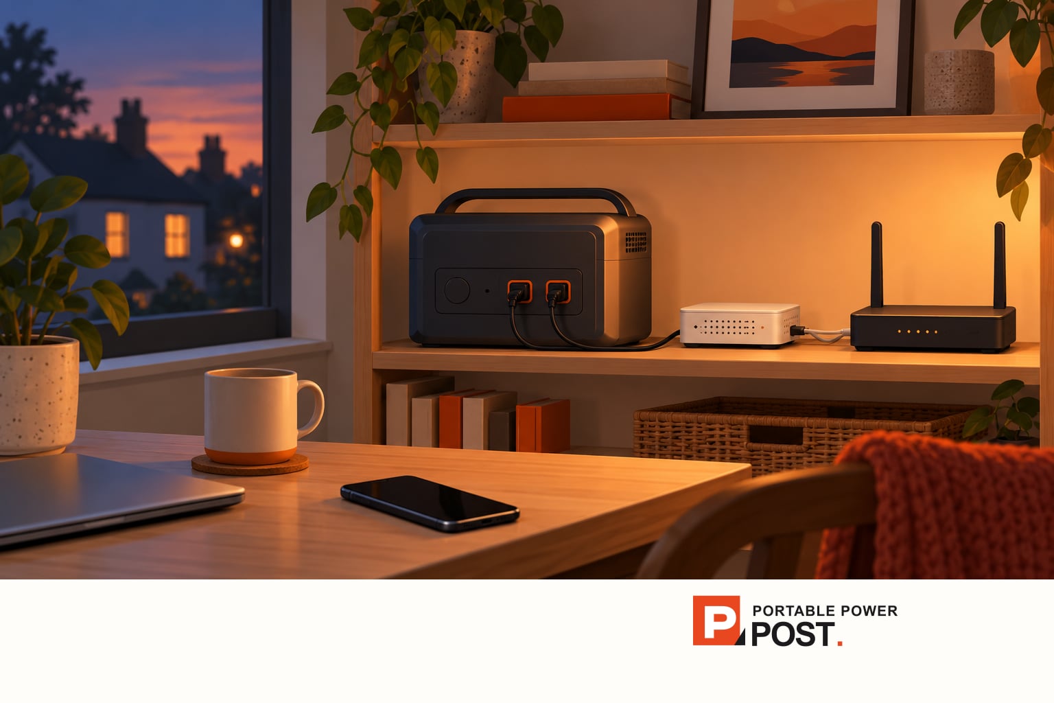 AI illustration of a generic power station beside a separate network connection box and Wi-Fi router in a home; Portable Power Post logo in the footer.