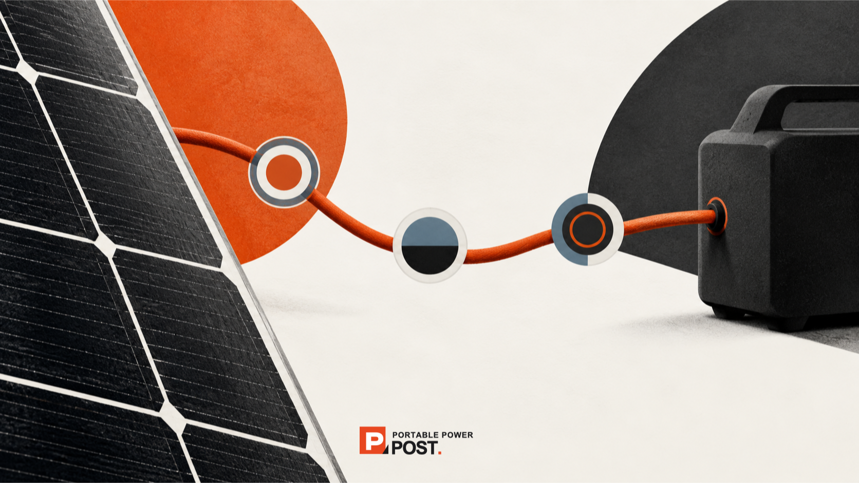 An orange cable links a solar-cell close-up to a generic power-station silhouette through three abstract compatibility checkpoints.